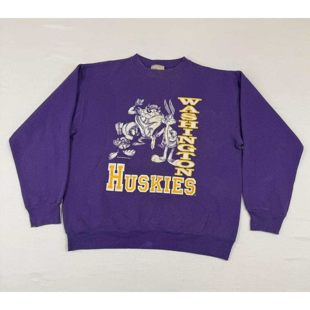 Vintage 1993 Genus Washington‎ Huskies Looney Tunes Purple Sweatshirt Mens L USA